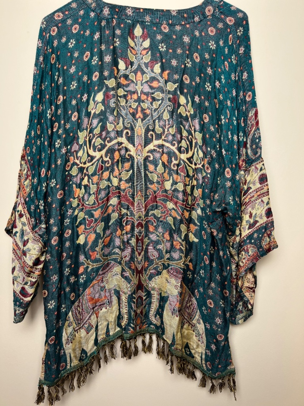 Earthbound Reversible Boho Kimono Cover Fringe Green Tan Elephant Cover Up XXL - Picture 4 of 8